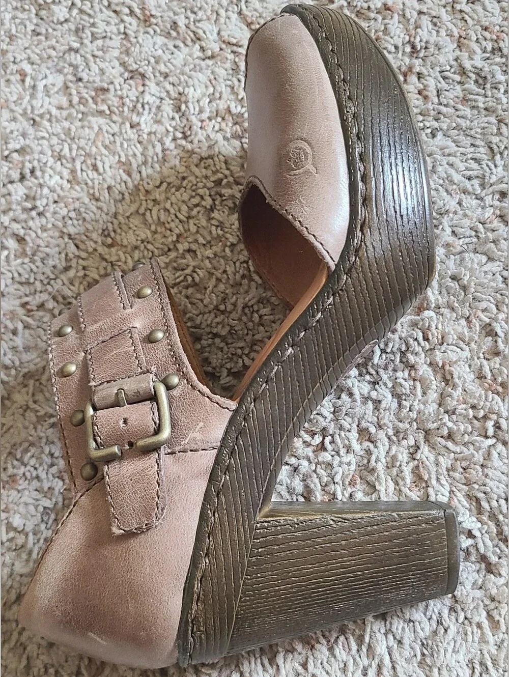 Women’s Taupe Leather Platform Heels with Buckle Strap